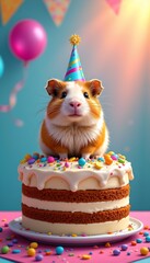 Guinea pig celebrating birthday with cake and party hat colorful party scene fun animal imagery