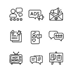 set of line icon for digital communication , media , feedback , news , ads , news paper m sing board , message , reading , document , rating , social media , vector illustration 