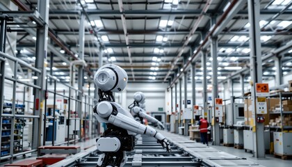 Fototapeta premium Industrial robot operating in a modern factory automation industrial setting indoor close-up view streamlined efficiency