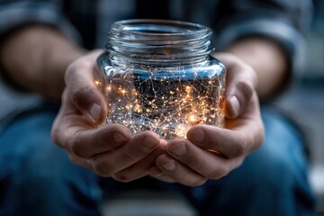 Holding a jar filled with glowing lights and warmth during a quiet evening