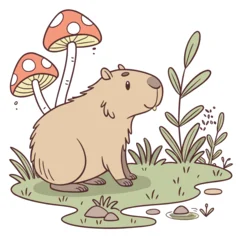 Fotobehang Zoo Delightful Mischievous Capybara in a Fairy forest scene with splashing in puddles – Whimsy Woods vector illustration  © MostafaVectors