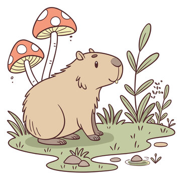 Delightful Mischievous Capybara in a Fairy forest scene with splashing in puddles &ndash; Whimsy Woods vector illustration
