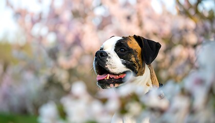 Close-up of a Boxer dog in a spring blossom.