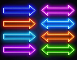 Collection of vibrant neon arrow signs in different colors with glowing effect pointing in various directions arranged in a grid pattern