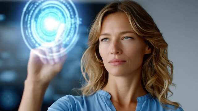 Futuristic interaction: A tech-savvy woman with a focused gaze engages with a luminous digital interface, her hand hovering near a glowing holographic projection.