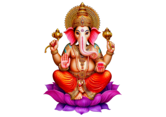 Indian god Ganesha with elephant head. Divine Hindu lord of luck, wisdom, isolated on a transparent or white background.