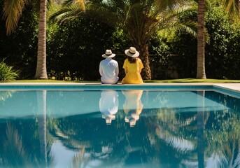Two people wearing hats sit by a swimming pool reflecting in the water