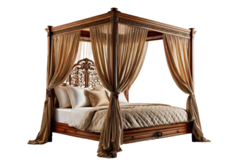 Luxurious wooden canopy bed with elegant drapes and intricate carvings, isolated on a transparent or white background.