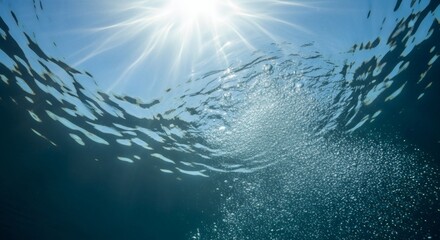 Underwater view of the sun and bubbles