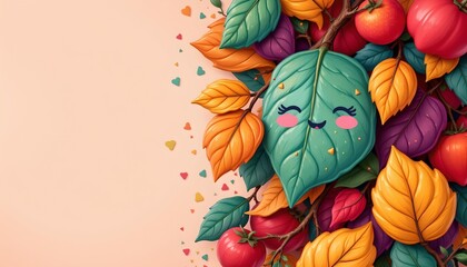 Playful cartoon-style leaves with blush colorful fruit digital art whimsical background close-up nature's charm