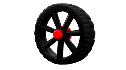 Single black wheel with red hub and tire tread detail against white, cut out transparent