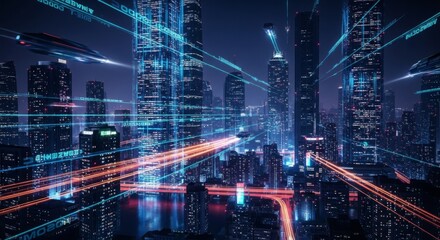 Futuristic cityscape at night with glowing digital data streams and light trails from vehicles, conveying a sense of advanced technology and urban connectivity.