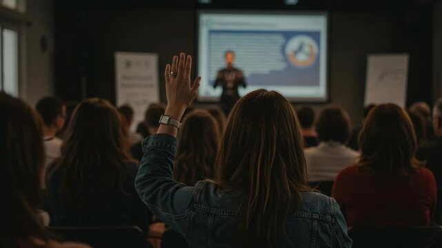 Rear view of audience raising hand during presentation at conference, seeking clarification and engaging with the speaker
