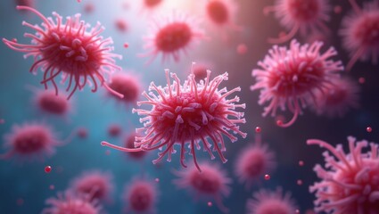 Microscopic red virus cells, 3D digital medical science illustration
