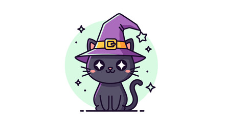 Charming Black Cat Wearing a Purple Witch Hat with Magical Stars in the Background Perfect for Halloween Themes, Pet-Focused Decor, and Whimsical Illustrations for All Ages