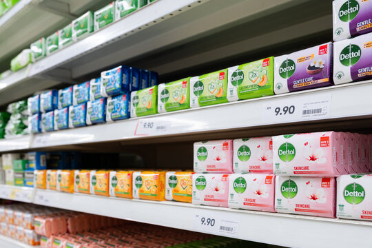 Dettol soap products on display in a supermarket aisle