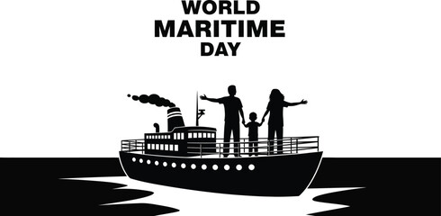 Silhouette of a ship with a family world maritime day, celebrating maritime industry and seafarer safety