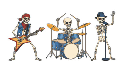 Energetic Skeleton Band Playing Rock Music with Electric Guitar, Drums, and Vocals Perfect for Halloween Celebrations, Music Events, or Fun Merchandise Designs