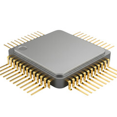 Microchip with gold pins 3D render isolated on transparent background