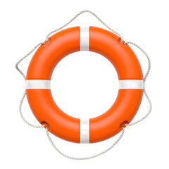 Orange life preserver with white stripes and rope handles isolated on transparent background