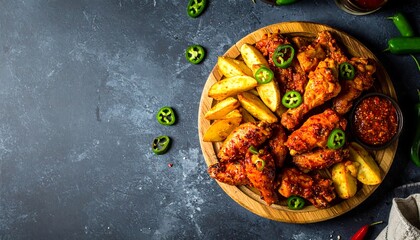 Spicy fried chicken and crispy potatoes served on a wooden platter, garnished with fresh jalape?os, creating a vibrant and appetizing food presentation.