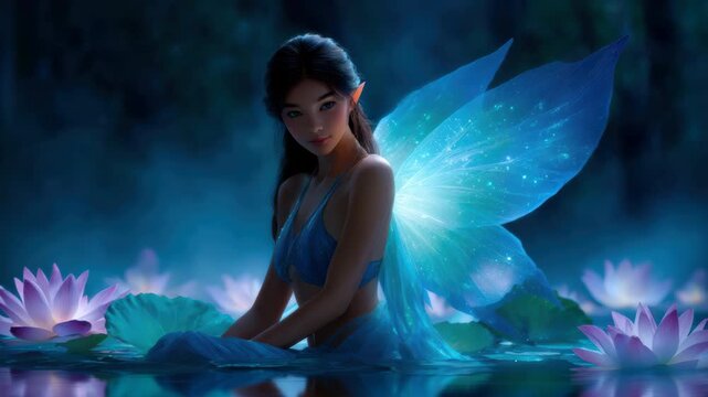 A beautiful magical fairy woman with glowing ethereal wings sits peacefully in a mystical water garden among lotus flowers at night