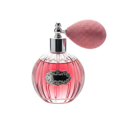 Pink perfume bottle with silver bulb atomizer isolated on transparent background