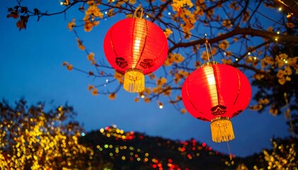 Obraz premium Illuminated Red Lanterns Hanging from Blossoming Branches at Dusk
