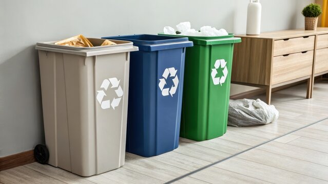 Trash bins for recycling in a modern home setting.