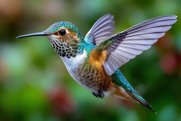Fototapeta premium Colorful hummingbird hovering in a garden filled with flowers during the afternoon