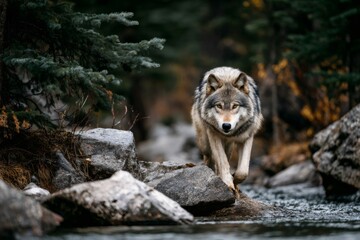 Fototapeta premium Gray wolf crossing rocky stream, wilderness terrain surrounding dense forest landscape with rugged natural environment