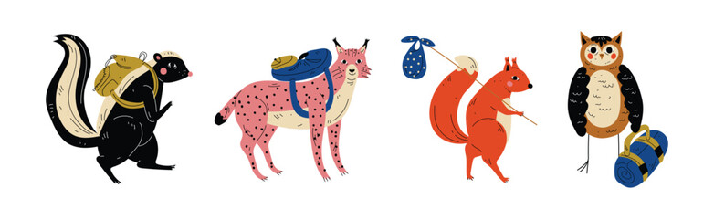 Forest Animal Hiking and Camping in Summer Vector Set
