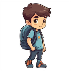 Happy Cartoon Boy Walking to School with Backpack, Cheerful Child Illustration