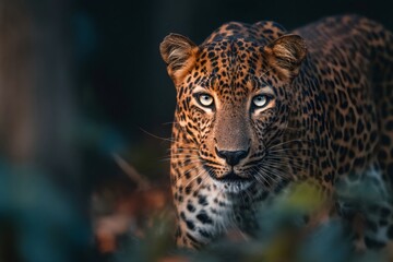 Obraz premium Intense close up of a leopard emerging from the forest, its piercing gaze captivating the viewer