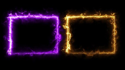 Neon rectangles border frame, video overlays with neon gold and purple fire texture motion graphic 4k.	