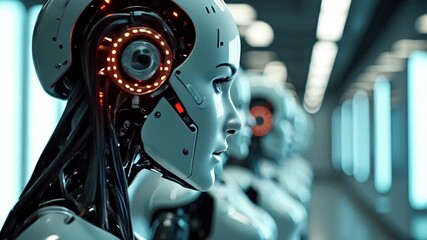 Modern humanoid robots ready for duty in high tech factory. Technology related concept.
