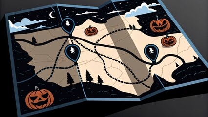 Illustrated map featuring Halloween-themed elements and pathways.