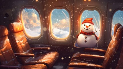 Inside an airplane, a joyful snowman rides in a passenger seat while snowflakes softly fall outside the window, overlooking a snowy winter landscape