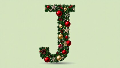 Capital letter j formed from christmas decorations.