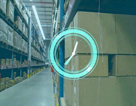 Warehouse interior with a digital clock overlay