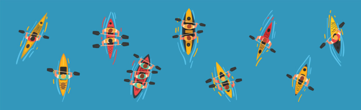 Man Rafting and Kayaking on Inflatable Boat with Paddle or Oar Above View Vector Set