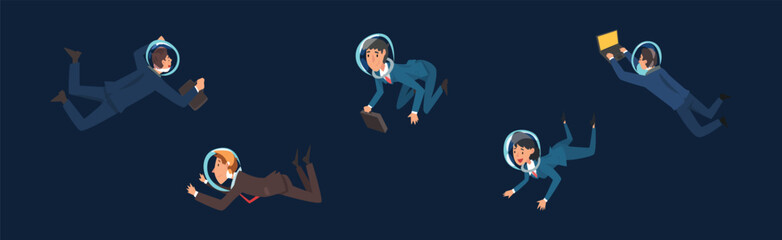 Business Man and Woman Character in Suit and Astronaut Helmet Flying in Outer Space Vector Set