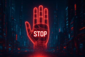 Glowing red neon stop sign hand in a futuristic city at night with digital effects