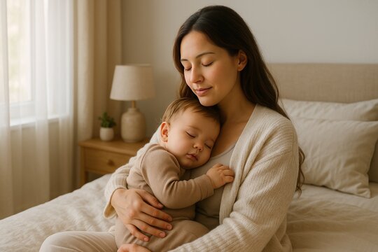 Young mother holding sleeping baby boy gently in her arms on a bed child