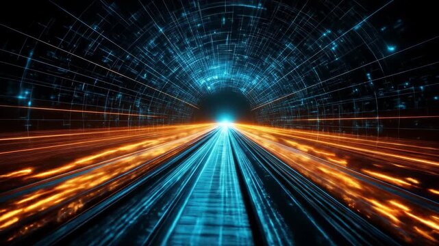 Futuristic tunnel with blue grid, orange streaks, and bright light