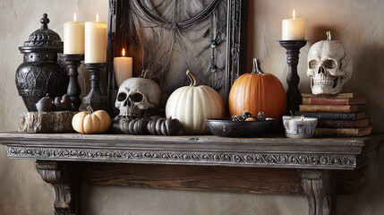 Eerie mantel decor with pumpkins, skulls, and candles create a spooky yet stylish Halloween scene. Perfect for a festive fall ambiance! #HalloweenDecor