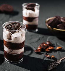 Delicious dessert with layers of cream and chocolate in an elegant setting