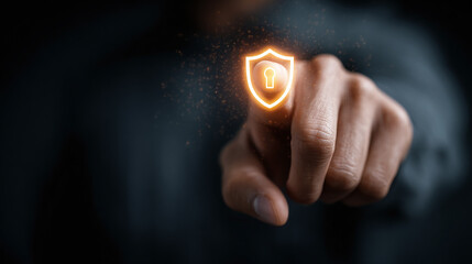 Data Security Interface. Hand pressing an interface element showing a shield icon with keyhole for cybersecurity, data protection and system access.