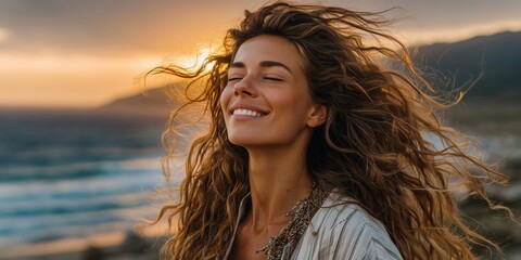 A woman laughs with her hair flowing, set against a scenic ocean sunset. The image radiates happiness, freedom, and the beauty of nature.