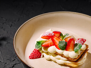Delicious strawberry dessert with cream and mint leaves on a plate